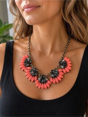 J.Crew Coral Black Crystal Floral Statement Bib Necklace